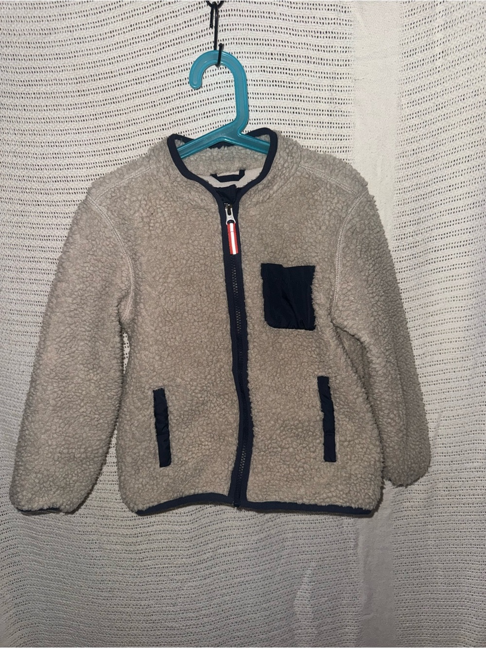 Cozy Sherpa Zip-Up Jacket in Beige with Navy Trim